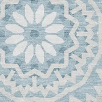 5' X 8' Denim Blue And Ivory Geometric Washable Area Rug With UV Protection