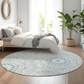 8' Denim Blue And Ivory Geometric Washable Round Rug With UV Protection