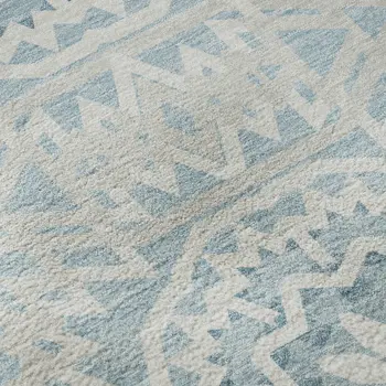 8' Denim Blue And Ivory Geometric Washable Round Rug With UV Protection