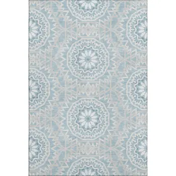 8' X 10' Denim Blue And Ivory Geometric Washable Area Rug With UV Protection