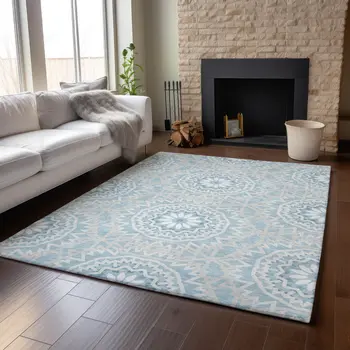 8' X 10' Denim Blue And Ivory Geometric Washable Area Rug With UV Protection