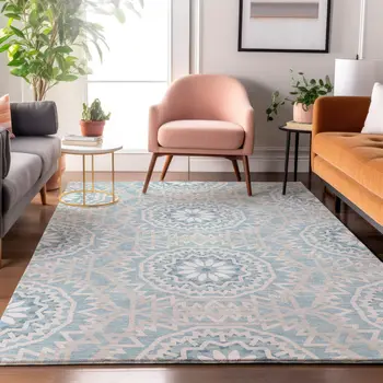 9' X 12' Denim Blue And Ivory Geometric Washable Area Rug With UV Protection