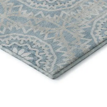 9' X 12' Denim Blue And Ivory Geometric Washable Area Rug With UV Protection
