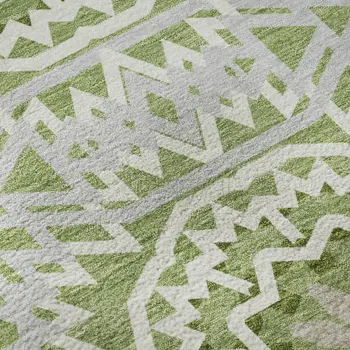 5' X 8' Green And Ivory Geometric Washable Area Rug With UV Protection