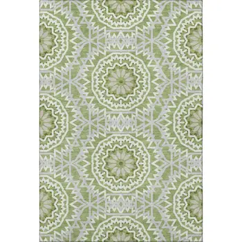 5' X 8' Green And Ivory Geometric Washable Area Rug With UV Protection