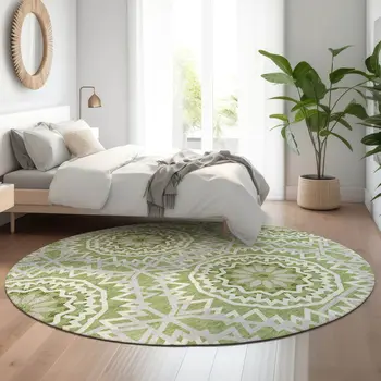 8' Green And Ivory Geometric Washable Round Rug With UV Protection