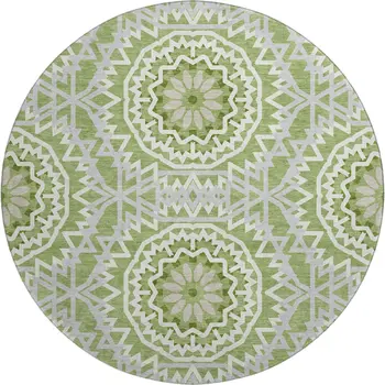 8' Green And Ivory Geometric Washable Round Rug With UV Protection