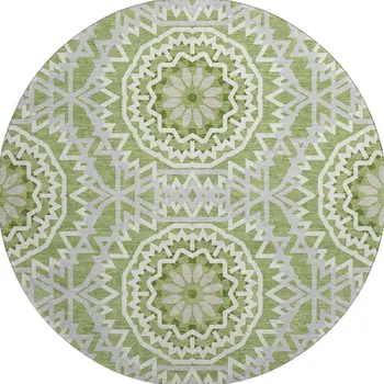 8' Green And Ivory Geometric Washable Round Rug With UV Protection