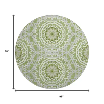 8' Green And Ivory Geometric Washable Round Rug With UV Protection