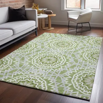 8' X 10' Green And Ivory Geometric Washable Area Rug With UV Protection