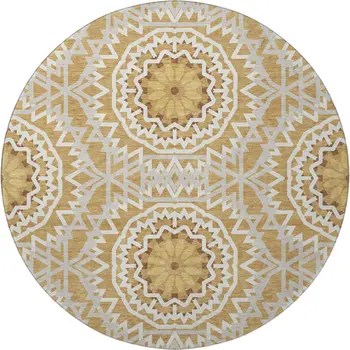 8' Gold And Ivory Geometric Washable Round Rug With UV Protection