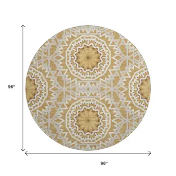 8' Gold And Ivory Geometric Washable Round Rug With UV Protection
