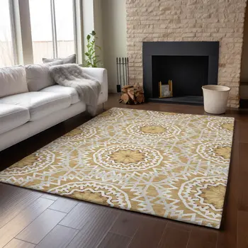 9' X 12' Gold And Ivory Geometric Washable Area Rug With UV Protection