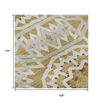 9' X 12' Gold And Ivory Geometric Washable Area Rug With UV Protection