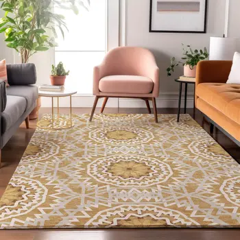 10' X 14' Gold And Ivory Geometric Washable Area Rug With UV Protection