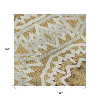10' X 14' Gold And Ivory Geometric Washable Area Rug With UV Protection