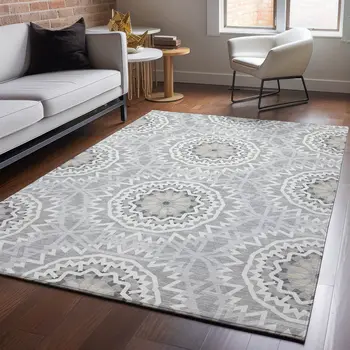 3' X 5' Gray And Ivory Geometric Washable Area Rug With UV Protection