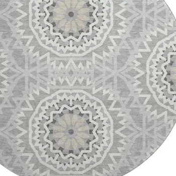 8' Gray And Ivory Geometric Washable Round Rug With UV Protection