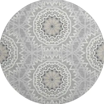 8' Gray And Ivory Geometric Washable Round Rug With UV Protection