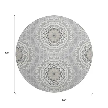 8' Gray And Ivory Geometric Washable Round Rug With UV Protection