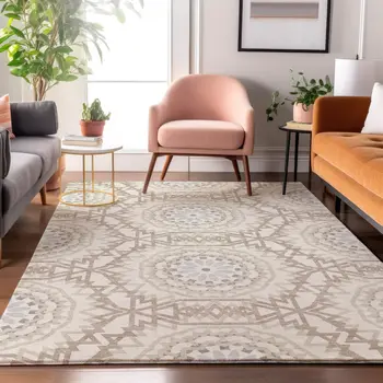 3' X 5' Ivory And Gray Geometric Washable Area Rug With UV Protection