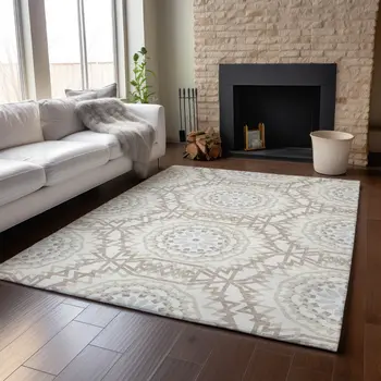 3' X 5' Ivory And Gray Geometric Washable Area Rug With UV Protection