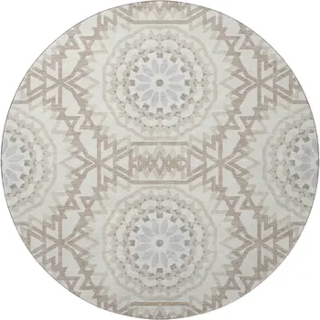 8' Ivory And Gray Geometric Washable Round Rug With UV Protection