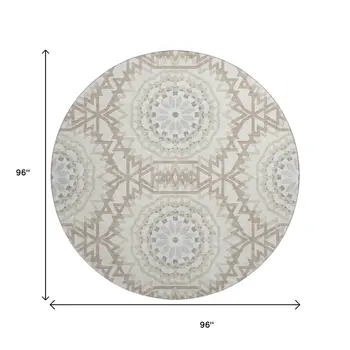 8' Ivory And Gray Geometric Washable Round Rug With UV Protection