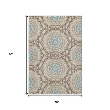 3' X 5' Khaki And Teal Geometric Washable Area Rug With UV Protection