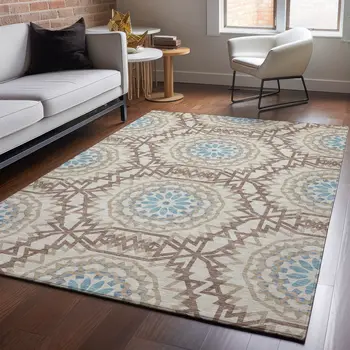 5' X 8' Khaki And Teal Geometric Washable Area Rug With UV Protection