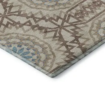 5' X 8' Khaki And Teal Geometric Washable Area Rug With UV Protection