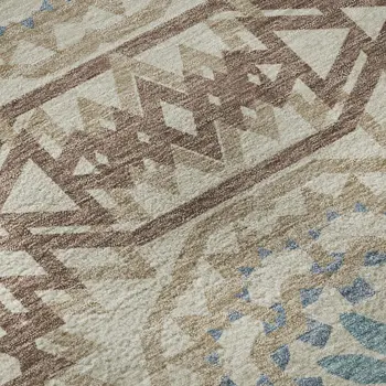 5' X 8' Khaki And Teal Geometric Washable Area Rug With UV Protection