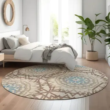 8' Khaki And Teal Geometric Washable Round Rug With UV Protection