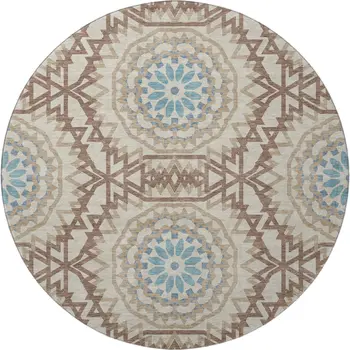 8' Khaki And Teal Geometric Washable Round Rug With UV Protection