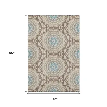 8' X 10' Khaki And Teal Geometric Washable Area Rug With UV Protection