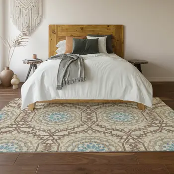 9' X 12' Khaki And Teal Geometric Washable Area Rug With UV Protection