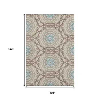 9' X 12' Khaki And Teal Geometric Washable Area Rug With UV Protection