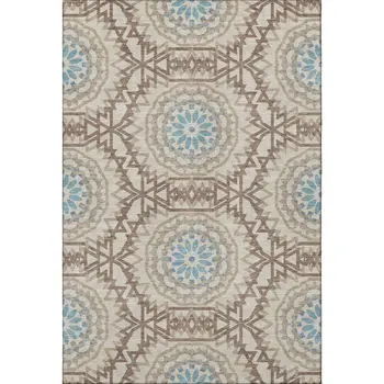 9' X 12' Khaki And Teal Geometric Washable Area Rug With UV Protection