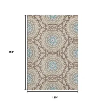 10' X 14' Khaki And Teal Geometric Washable Area Rug With UV Protection