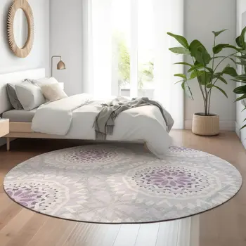8' Lilac And Ivory Geometric Washable Round Rug With UV Protection