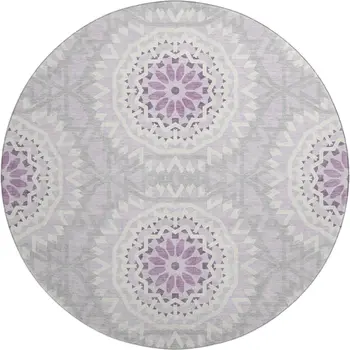 8' Lilac And Ivory Geometric Washable Round Rug With UV Protection