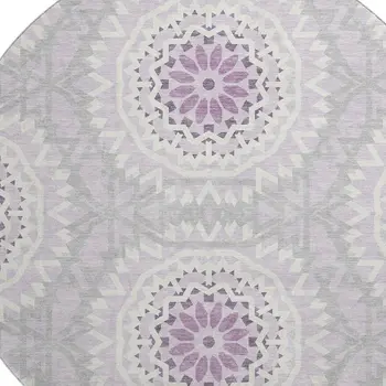8' Lilac And Ivory Geometric Washable Round Rug With UV Protection