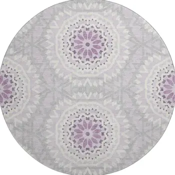8' Lilac And Ivory Geometric Washable Round Rug With UV Protection