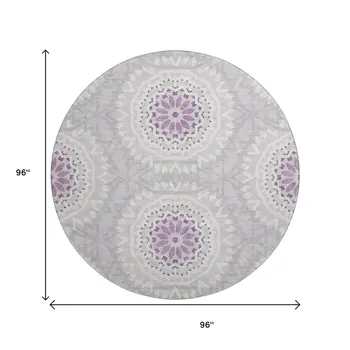 8' Lilac And Ivory Geometric Washable Round Rug With UV Protection