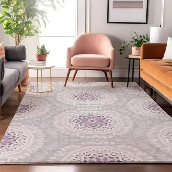 8' X 10' Lilac And Ivory Geometric Washable Area Rug With UV Protection