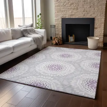 8' X 10' Lilac And Ivory Geometric Washable Area Rug With UV Protection
