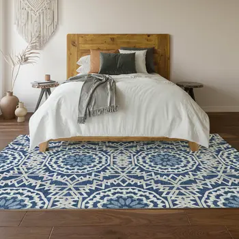 3' X 5' Navy Blue And Ivory Geometric Washable Area Rug With UV Protection