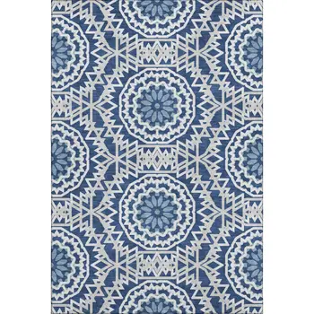 5' X 8' Navy Blue And Ivory Geometric Washable Area Rug With UV Protection