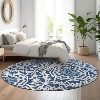 8' Navy Blue And Ivory Geometric Washable Round Rug With UV Protection
