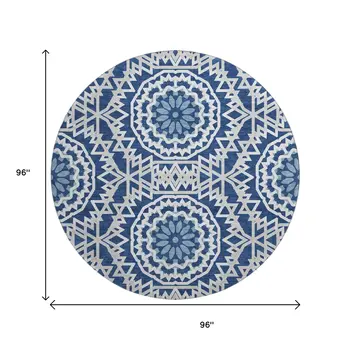 8' Navy Blue And Ivory Geometric Washable Round Rug With UV Protection